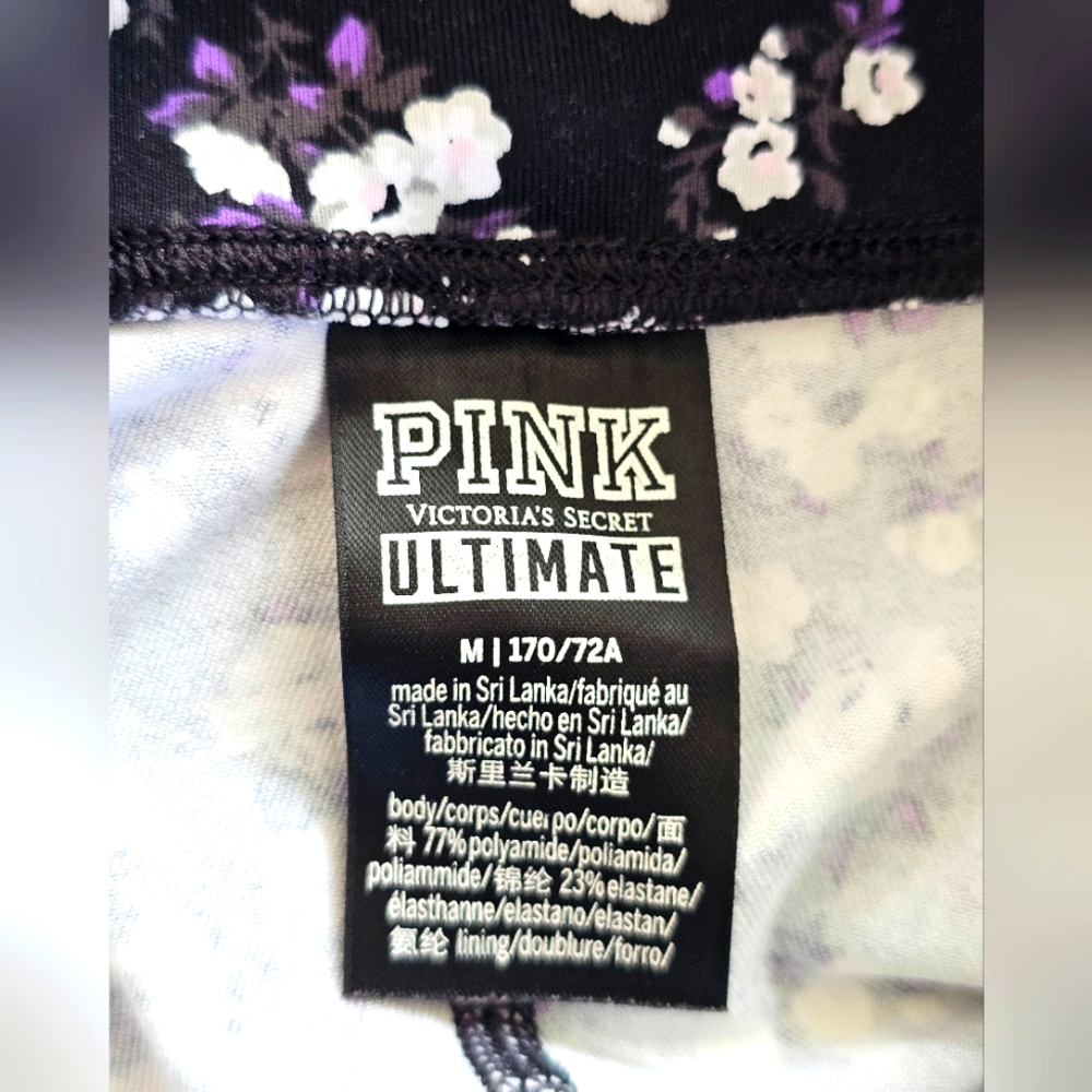 Victoria's Secret PINK ULTIMATE Black Purple Floral Leggings White Stripe Size M - Picture 6 of 7